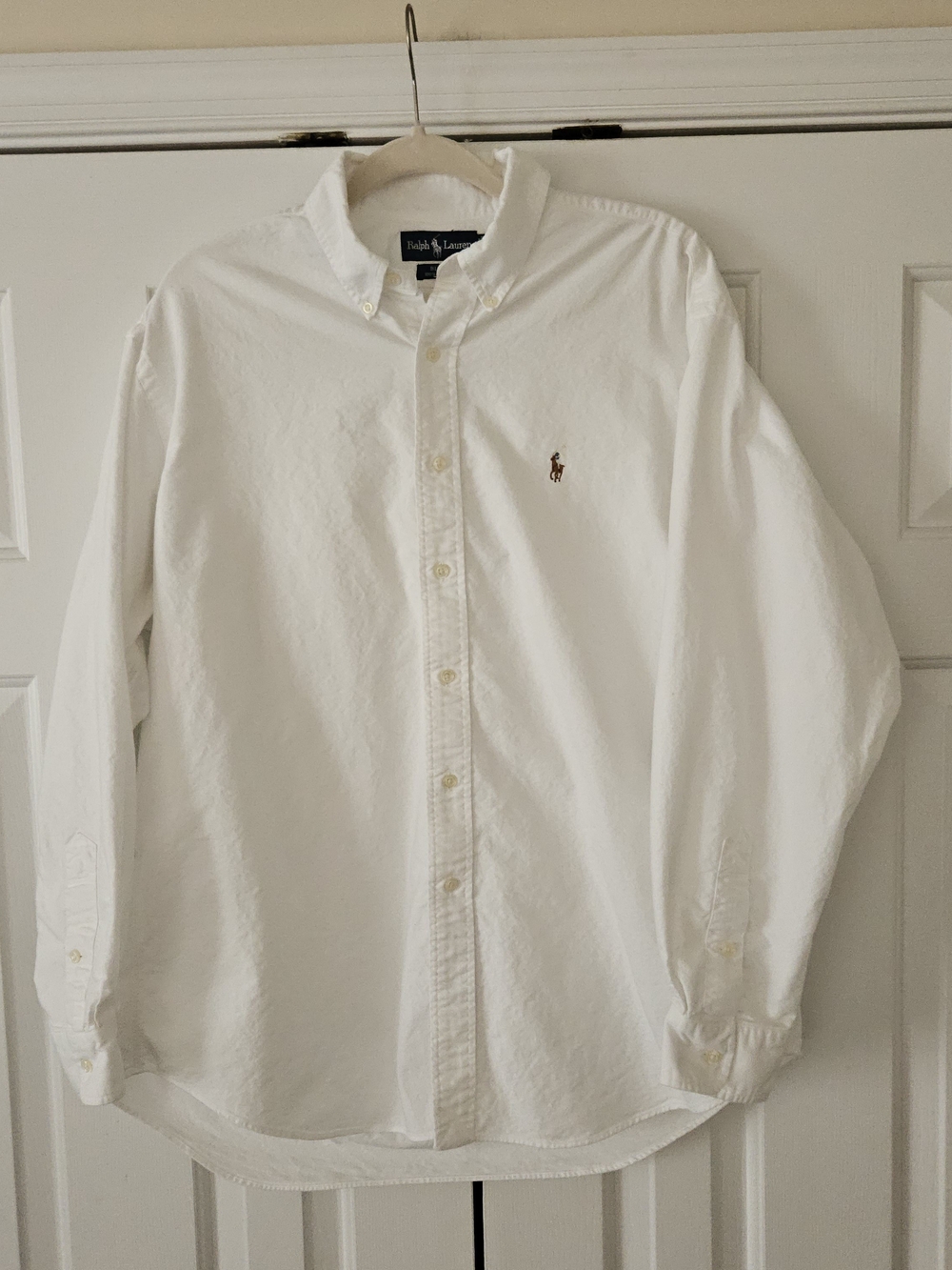 Ralph Lauren Blake Men's L White Woven Cotton Long Sleeve Button-Down Flesh Pony